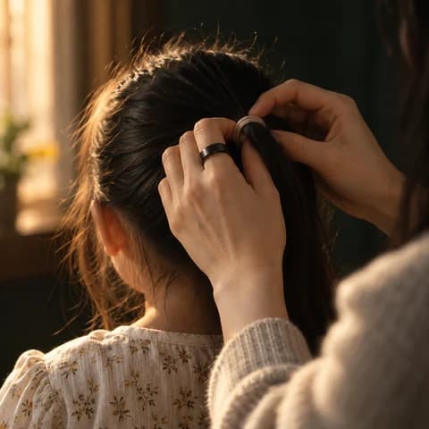 아침, 아이 머리를 묶어 주는 손의 시그링