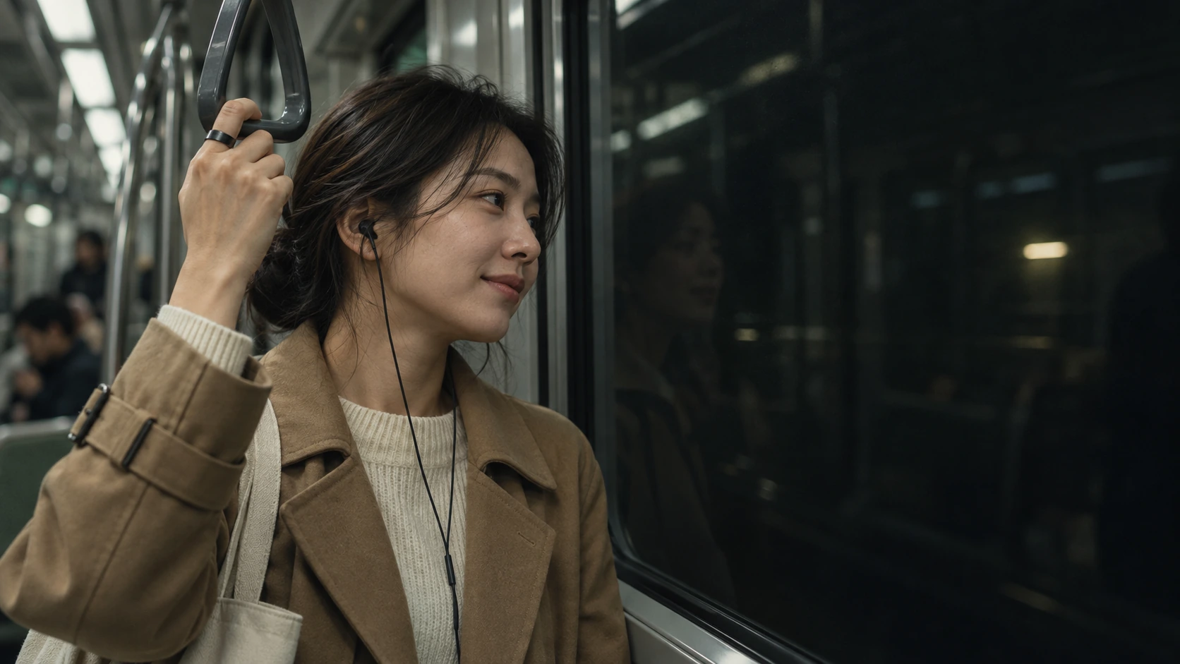 퇴근길 지하철에서 손잡이를 잡고 창밖을 보며 미소 짓는 여성 — 손에 Jet Black 시그링