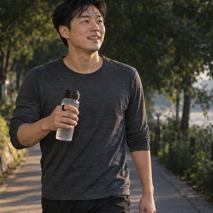 아침 운동 뒤, 물병을 쥔 손의 시그링