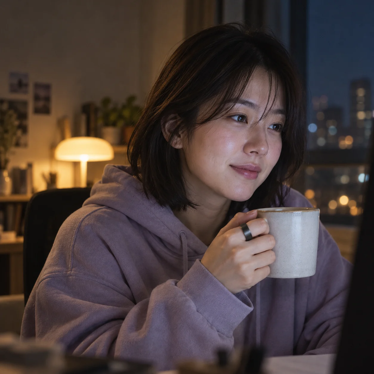 새벽 책상에서 머그잔을 든 27세 디자이너 — AI로 만든 가상 인물
