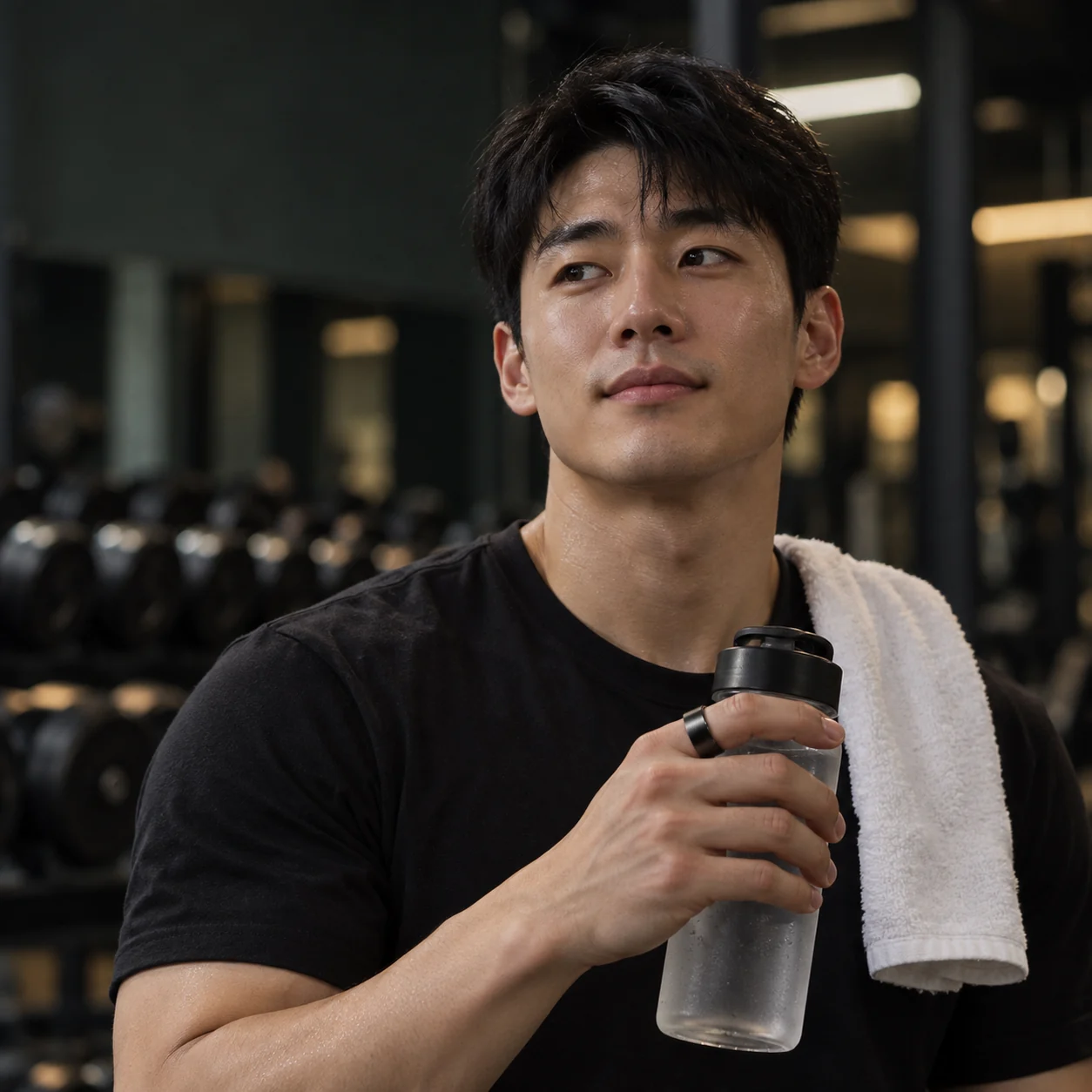헬스장에서 물병을 든 29세 회사원 — AI로 만든 가상 인물