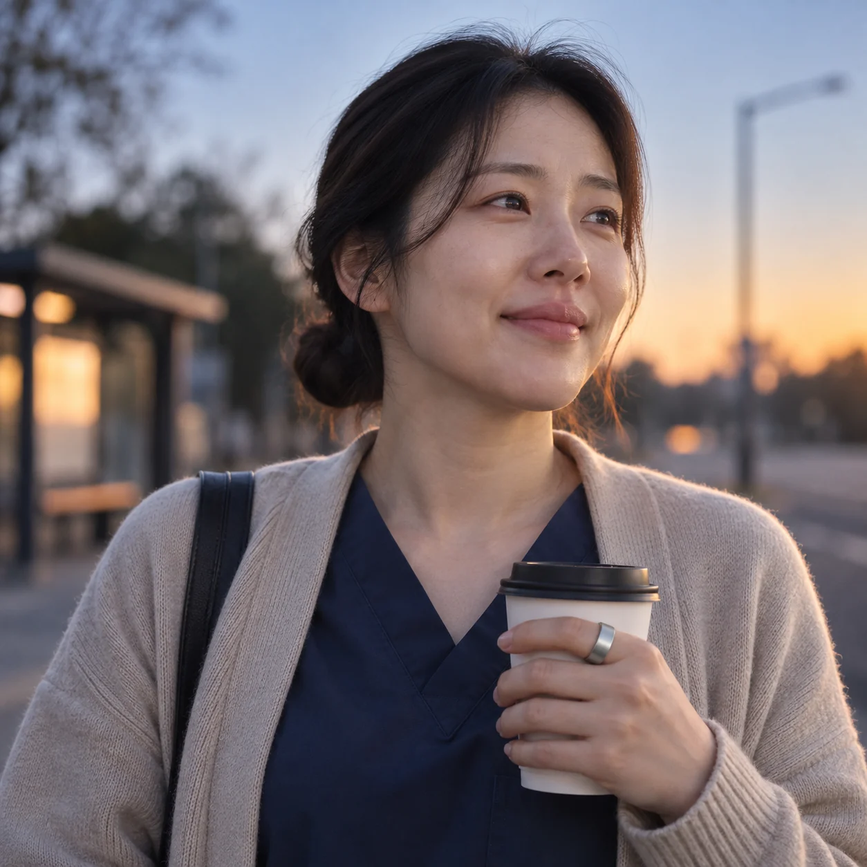 새벽 퇴근길에 커피를 든 34세 간호사 — AI로 만든 가상 인물