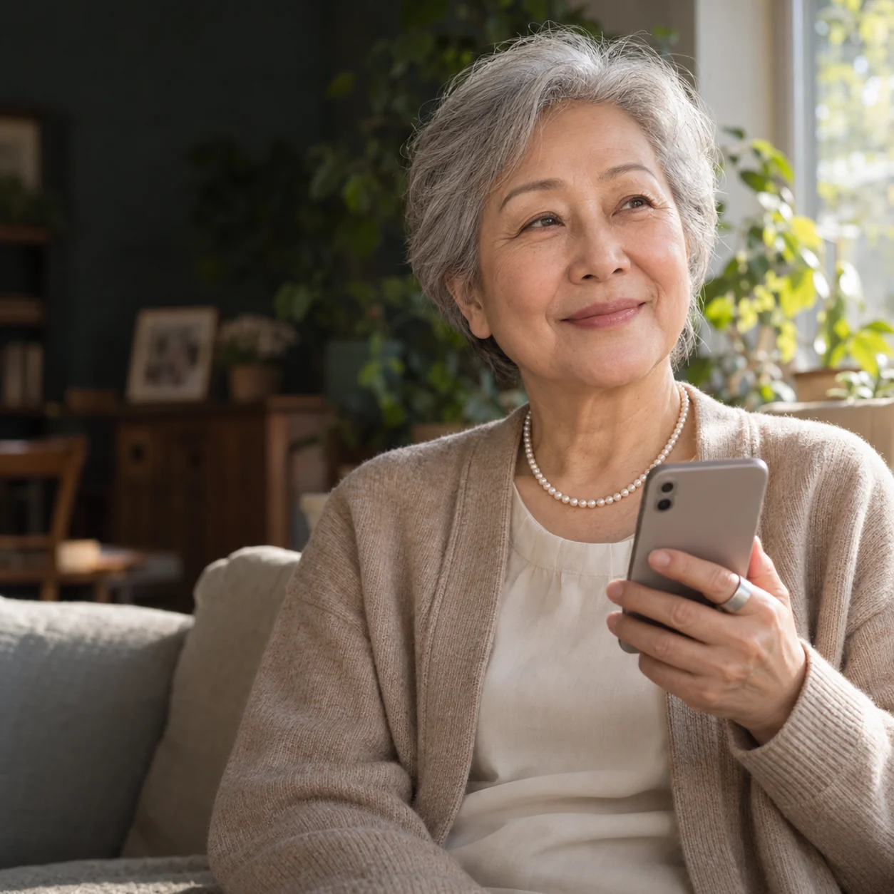 햇살 드는 거실에서 폰을 든 채 미소 짓는 66세 어머니 — AI로 만든 가상 인물