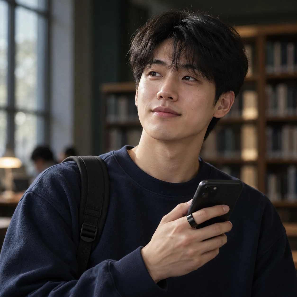도서관에서 폰을 든 24세 대학원생 — AI로 만든 가상 인물