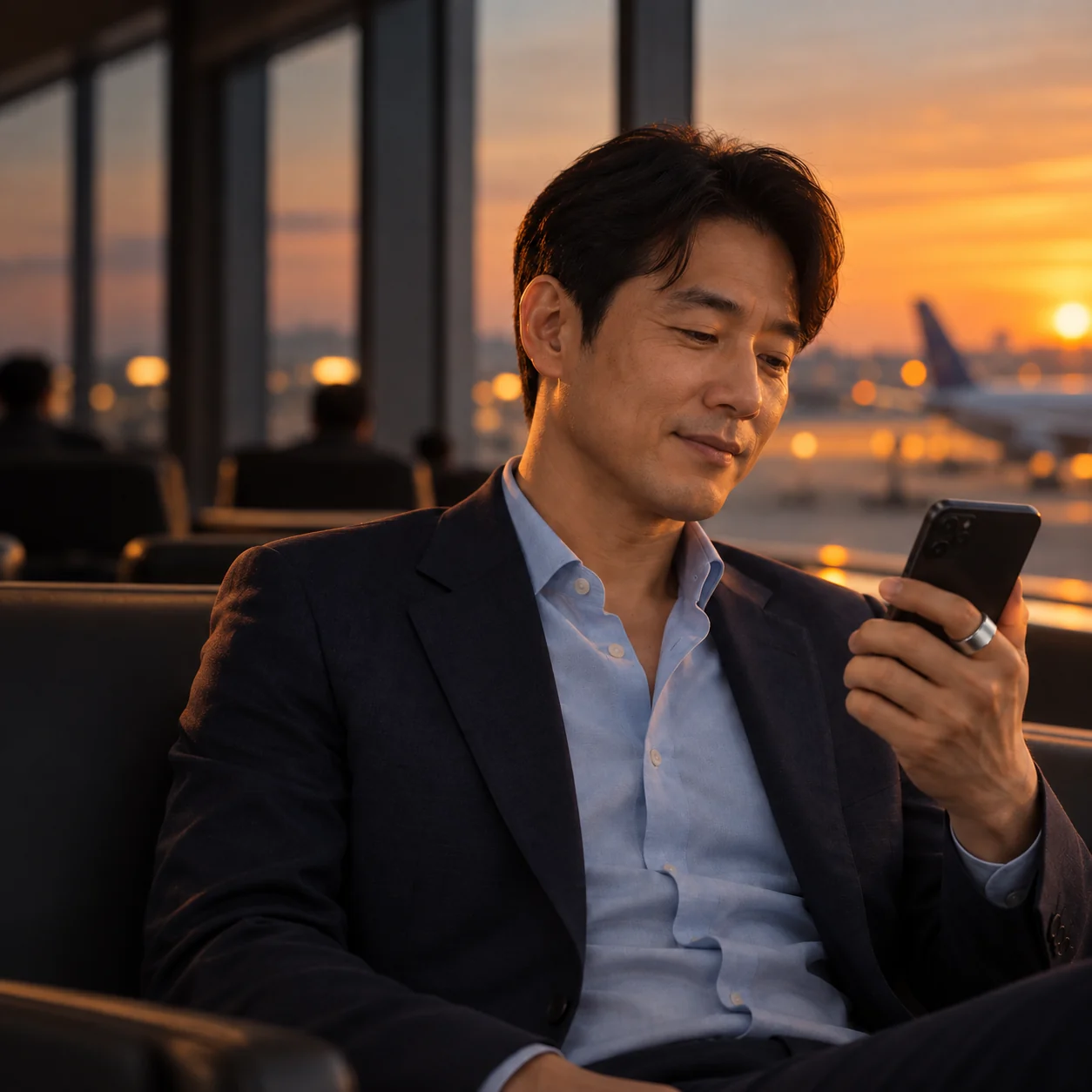 공항 라운지에서 폰을 보는 42세 영업 사원 — AI로 만든 가상 인물