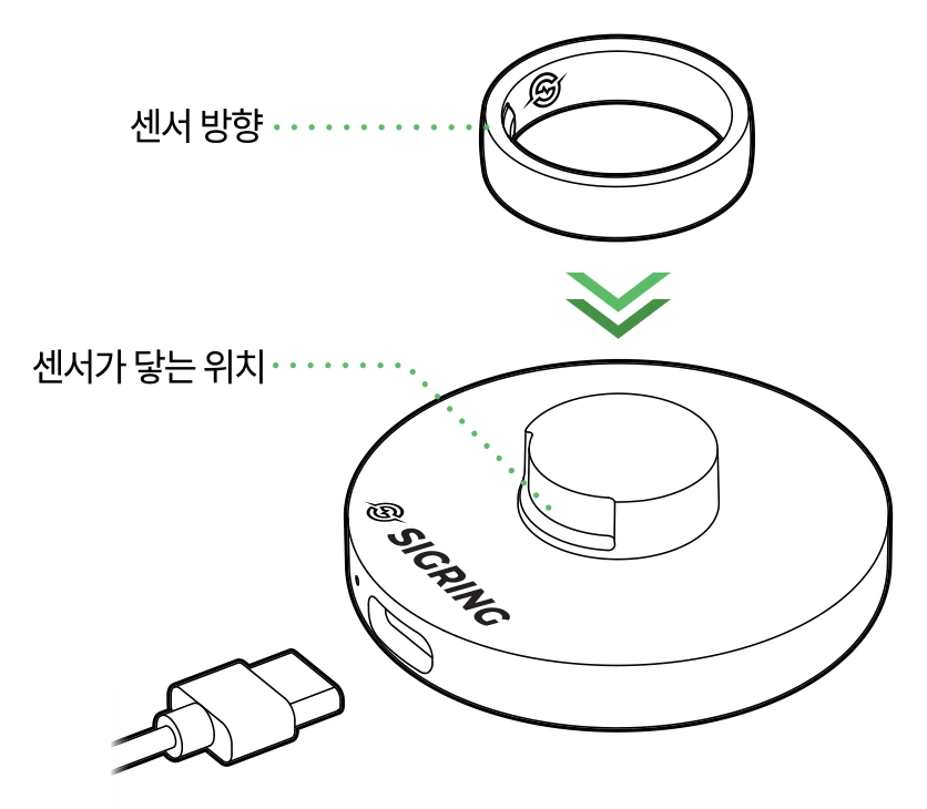 링의 센서 방향을 충전 거치대에 맞춰 끼우고 USB-C 케이블을 연결하는 그림