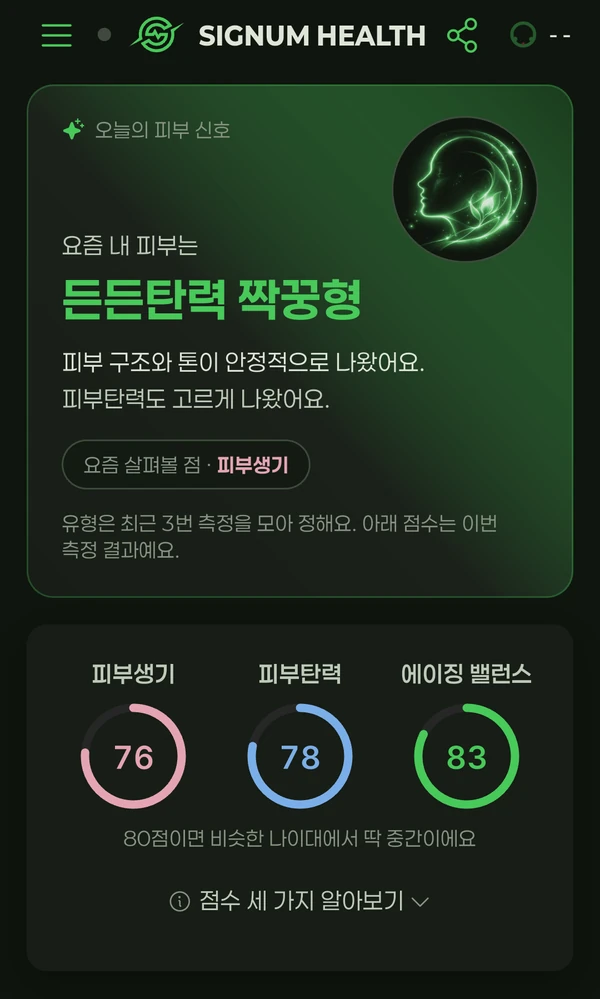 스킨스캔 결과 화면 — 피부 유형과 세 점수